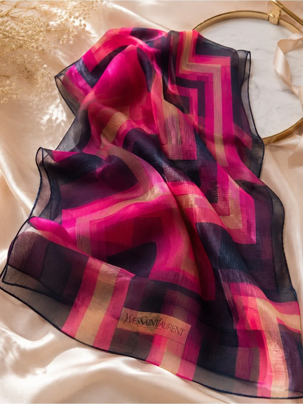 Yves Saint Laurent Silk Geometric Scarf Pink Navy 30” Square